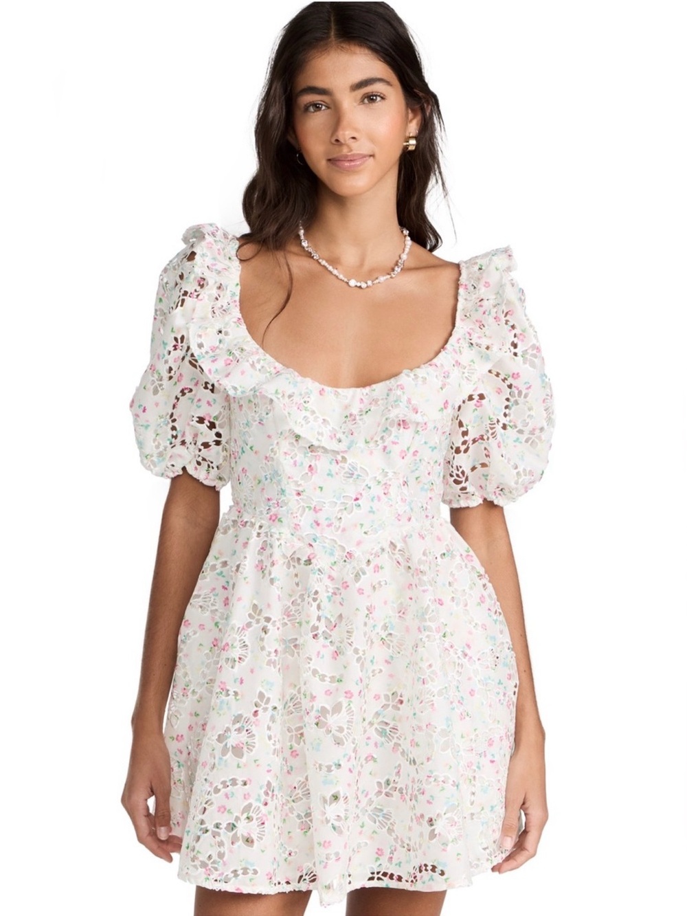 FOR LOVE & LEMONS White Magnolia Floral Eyelet Puff-Sleeve Mini Dress XS NWT